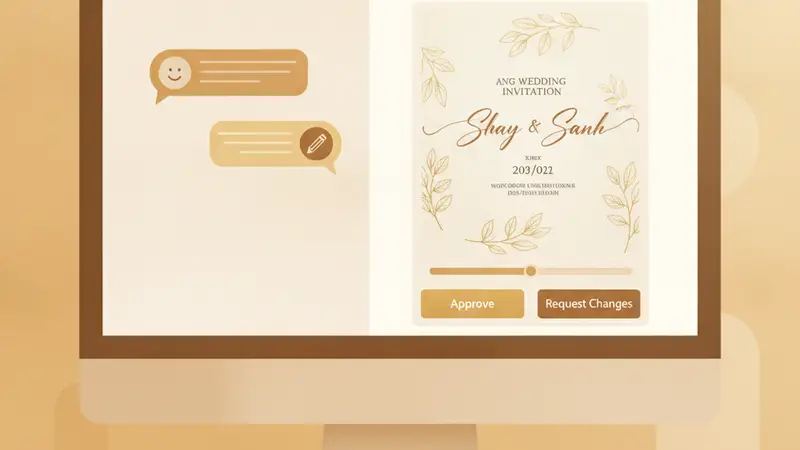 Calon pengantin sedang berdiskusi memilih elemen desain untuk undangan pernikahan online gratis mereka