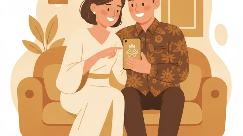 Pasangan pengantin sedang melihat undangan digital di tablet