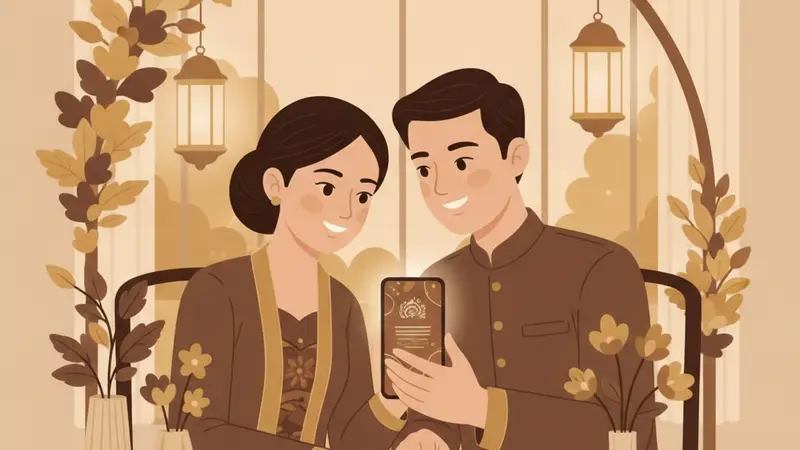Ilustrasi pasangan sedang melihat mentahan undangan digital di laptop