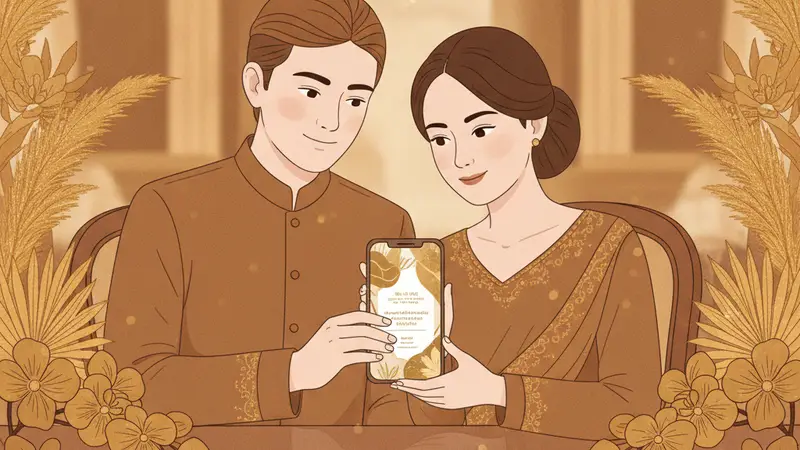 Seorang calon pengantin sedang melihat desain undangan digital di laptop