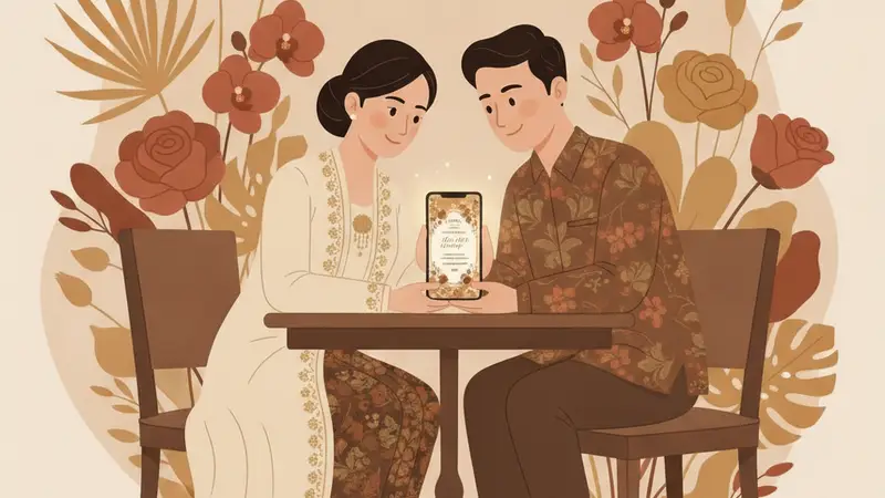 Ilustrasi pasangan sedang melihat template PPT undangan digital di laptop