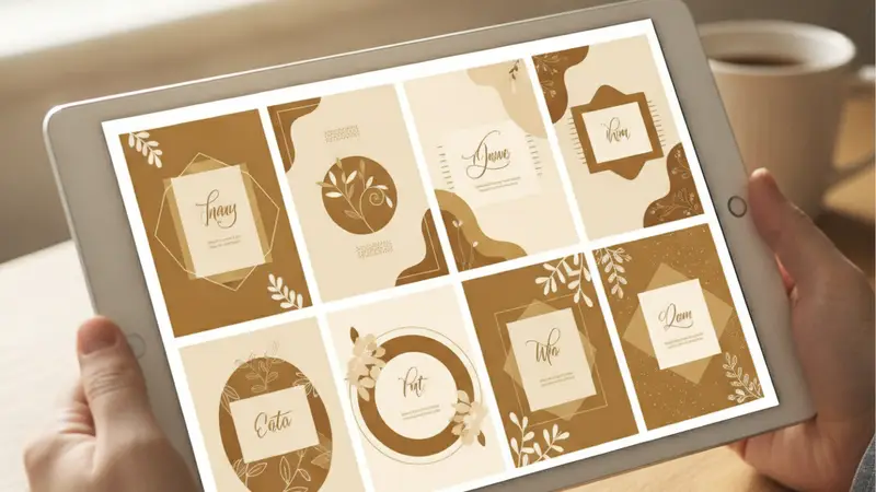Tampilan layar laptop dengan proses editing template undangan digital di PowerPoint