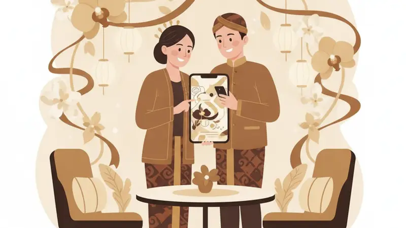 Ilustrasi pasangan sedang memilih template undangan digital gratis dengan laptop