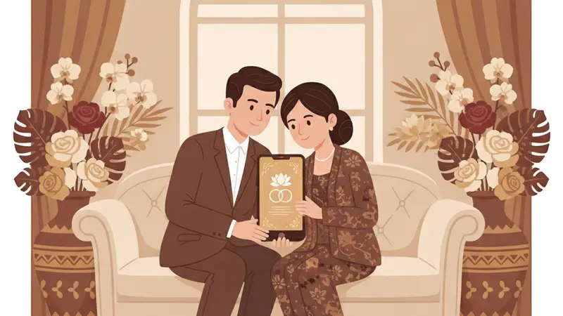 Pasangan sedang mengedit template undangan digital pernikahan kosong di laptop