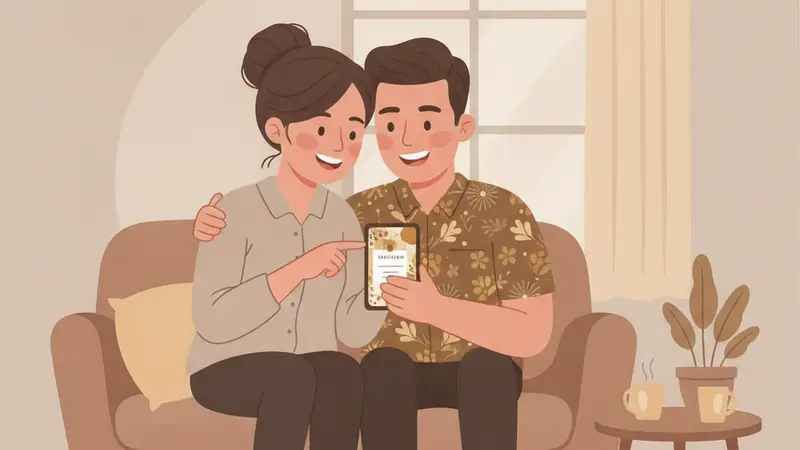 Seorang desainer grafis sedang mengedit template undangan digital pernikahan kosong di komputer