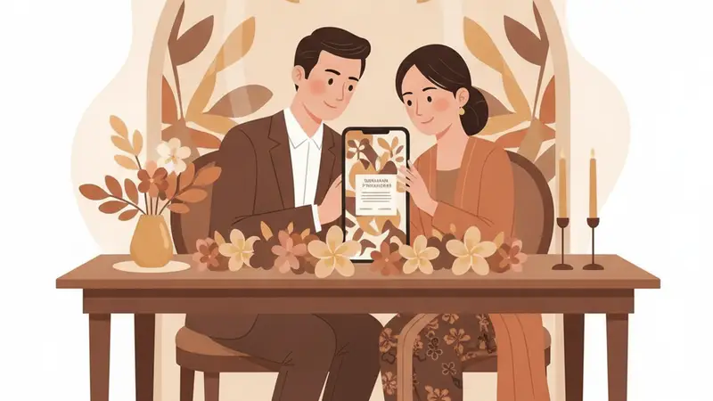 Ilustrasi pasangan sedang melihat template undangan pernikahan digital di laptop
