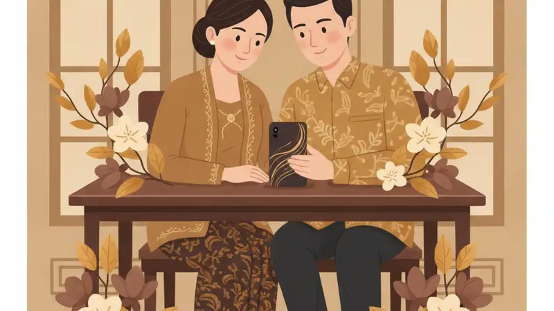 Pasangan pengantin melihat tablet yang menampilkan template undangan pernikahan digital gratis