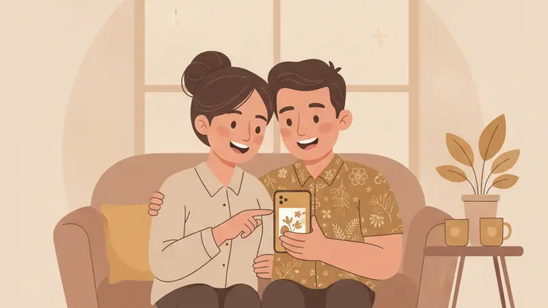 Pasangan pengantin berdiskusi dengan desainer Sannubari tentang undangan digital mereka