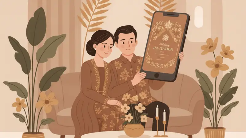 Ilustrasi pasangan sedang melihat template undangan pernikahan digital kosong PPT di laptop