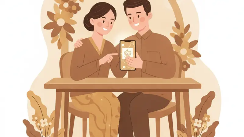 Ilustrasi pasangan sedang melihat template undangan pernikahan digital di laptop