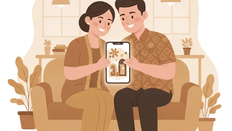 Pasangan bahagia melihat undangan digital mereka di smartphone