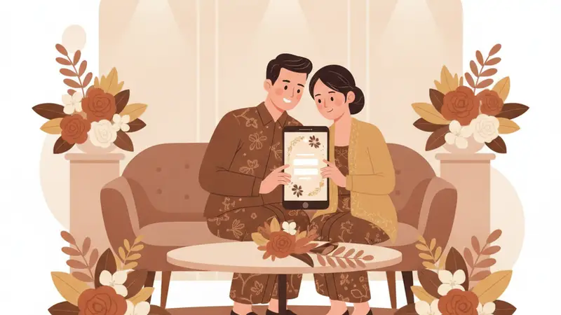 Ilustrasi pasangan mengedit template undangan pernikahan PowerPoint gratis di laptop
