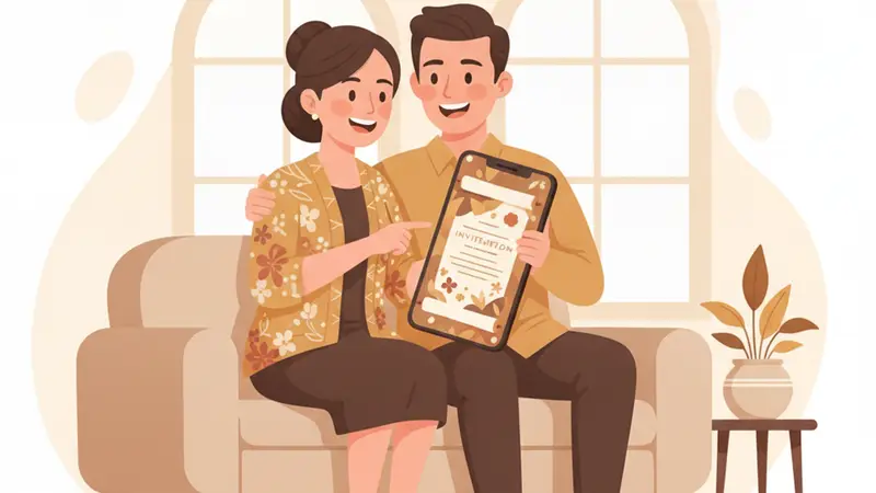 Ilustrasi pasangan tersenyum melihat undangan digital di ponsel