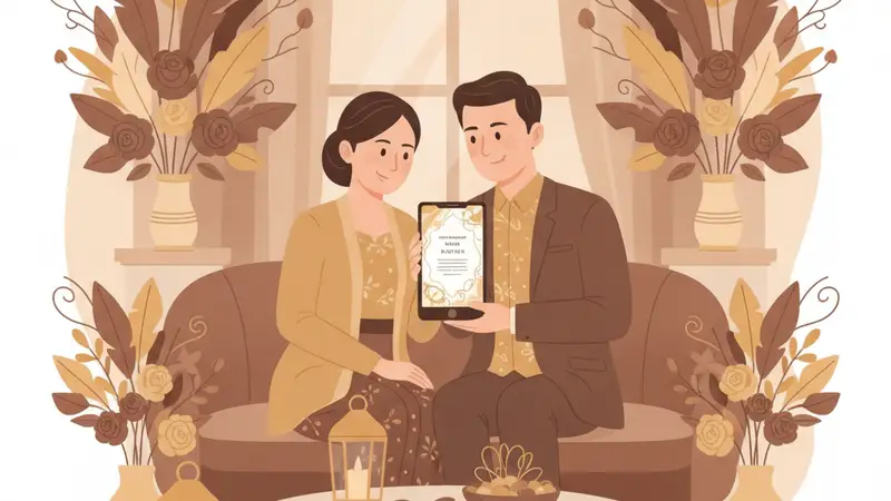 Pasangan pengantin melihat undangan pernikahan digital di laptop