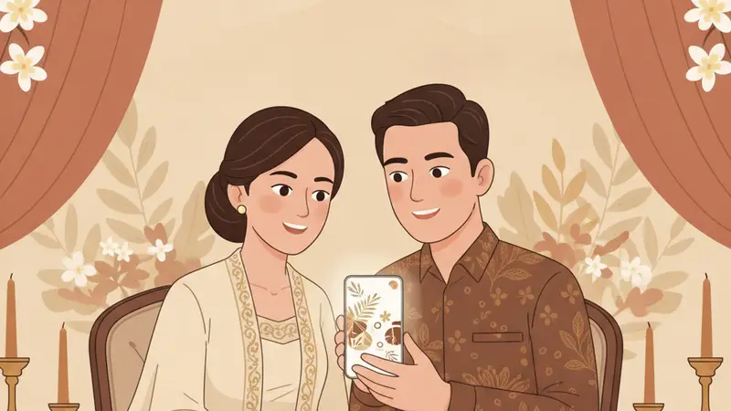 Ilustrasi keluarga bahagia dengan anak yang baru khitanan, dikelilingi undangan digital