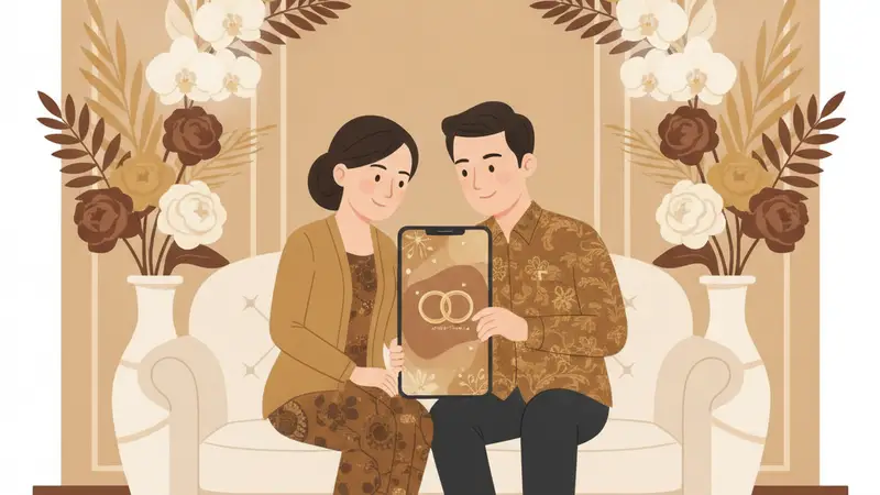 Ilustrasi pasangan sedang mendesain undangan digital pernikahan di laptop