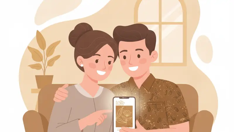Pengantin wanita melihat undangan digital di ponselnya, tersenyum puas