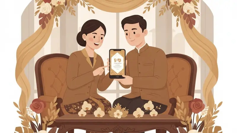 Ilustrasi pasangan sedang melihat undangan digital pernikahan di smartphone