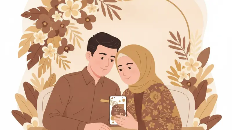 Ilustrasi pasangan sedang melihat undangan digital pernikahan di laptop