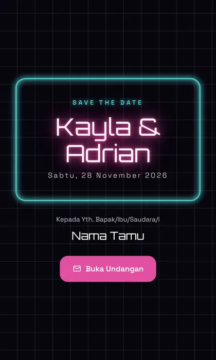 Tampilan pembuka template undangan digital Neon Glow