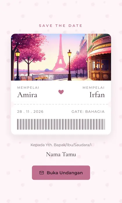 Tampilan pembuka template undangan digital Paris Romance