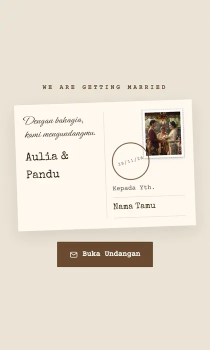 Tampilan pembuka template undangan digital Vintage Postcard