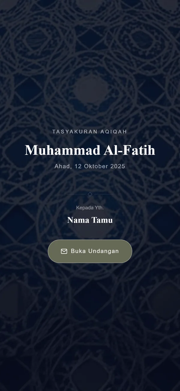 Contoh sampul undangan aqiqah digital Sannubari, tema Midnight Mosque diisi data contoh