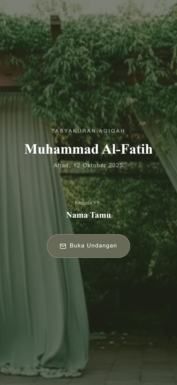 Contoh sampul undangan aqiqah digital Sannubari, tema Pavilion Garden diisi data contoh