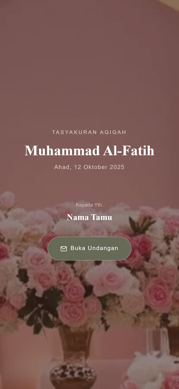 Contoh sampul undangan aqiqah digital Sannubari, tema Syari Blush diisi data contoh