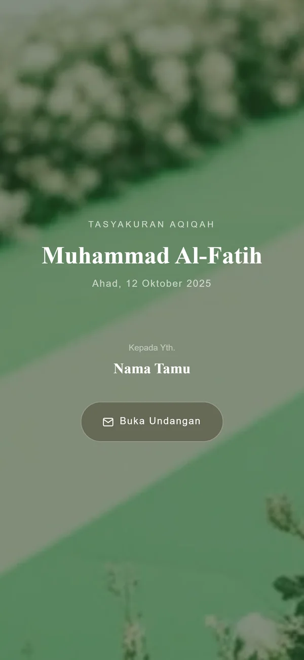 Contoh sampul undangan aqiqah digital Sannubari, tema Syari Sage diisi data contoh