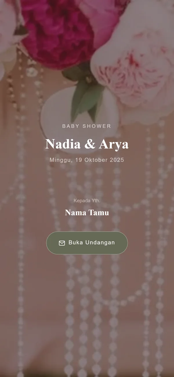 Contoh sampul undangan baby shower digital Sannubari, tema Pearl Blush diisi data contoh