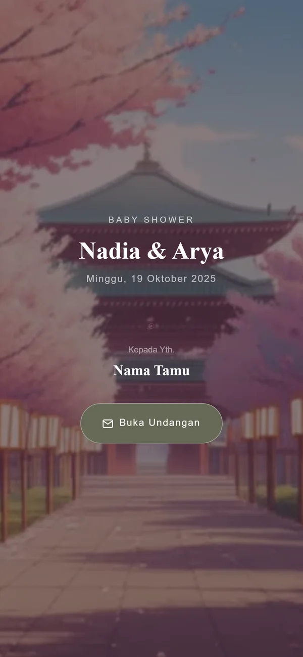 Contoh sampul undangan baby shower digital Sannubari, tema Tokyo Sakura diisi data contoh
