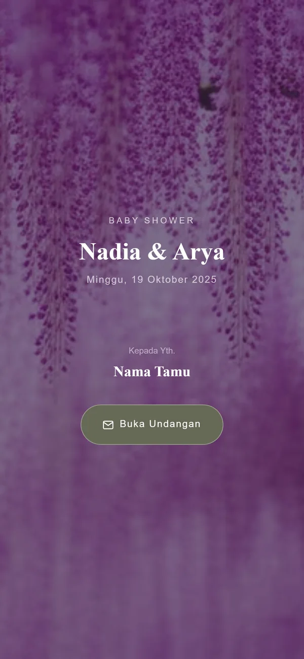 Contoh sampul undangan baby shower digital Sannubari, tema Wisteria Dream diisi data contoh