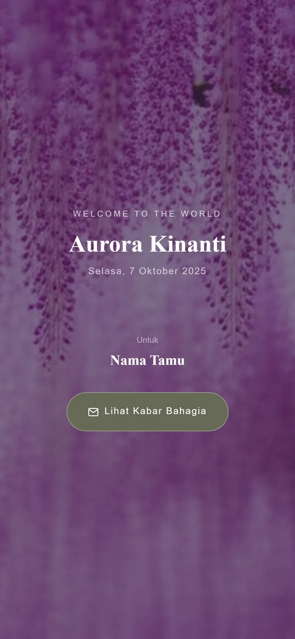 Contoh sampul kartu kelahiran digital Sannubari, tema Wisteria Dream diisi data contoh