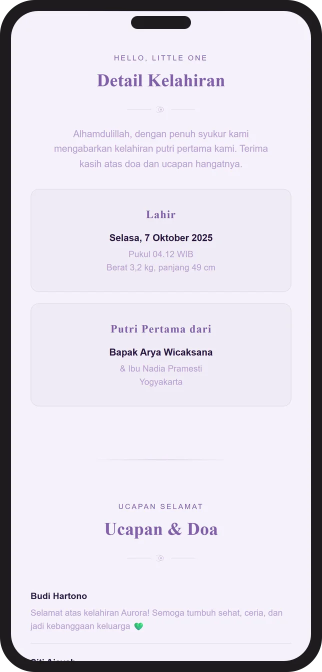 Contoh tampilan detail kelahiran (tanggal, jam, berat, panjang) pada kartu kelahiran digital Sannubari, template Wisteria Dream diisi data contoh