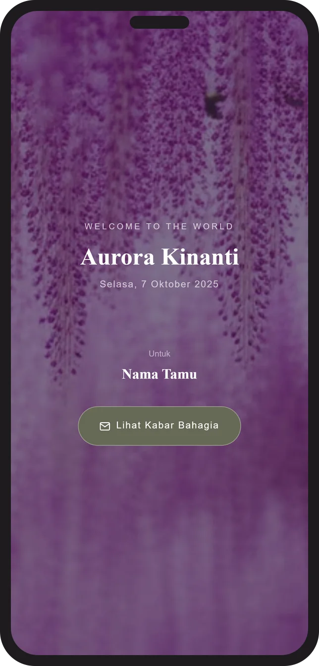 Contoh tampilan sampul dengan nama si kecil pada kartu kelahiran digital Sannubari, template Wisteria Dream diisi data contoh