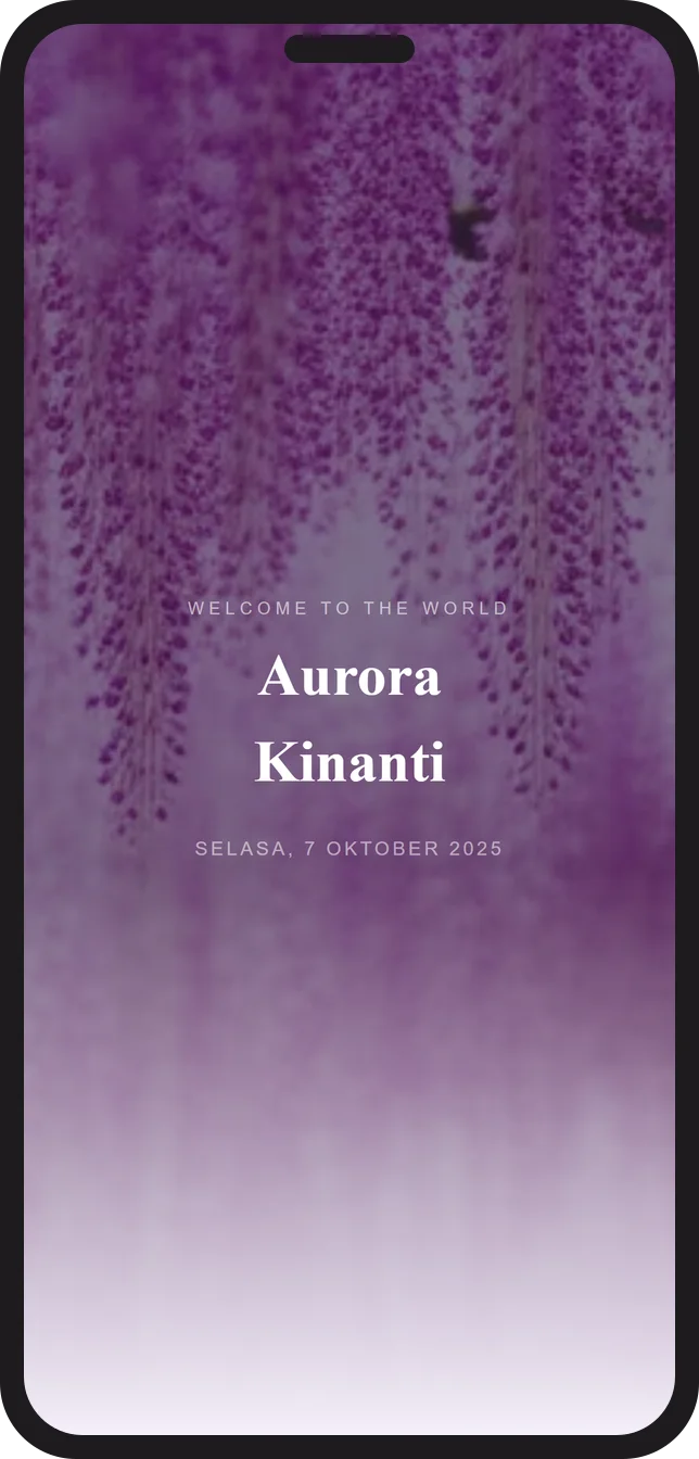 Contoh tampilan halaman pembuka dengan nama si kecil pada kartu kelahiran digital Sannubari, template Wisteria Dream diisi data contoh