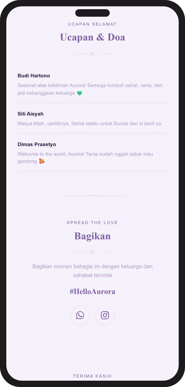 Contoh tampilan ucapan selamat dari keluarga pada kartu kelahiran digital Sannubari, template Wisteria Dream diisi data contoh