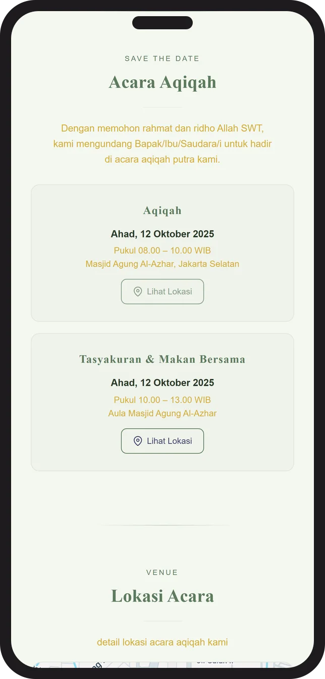 Contoh tampilan detail acara aqiqah pada undangan aqiqah digital Sannubari, template Syari Sage diisi data contoh