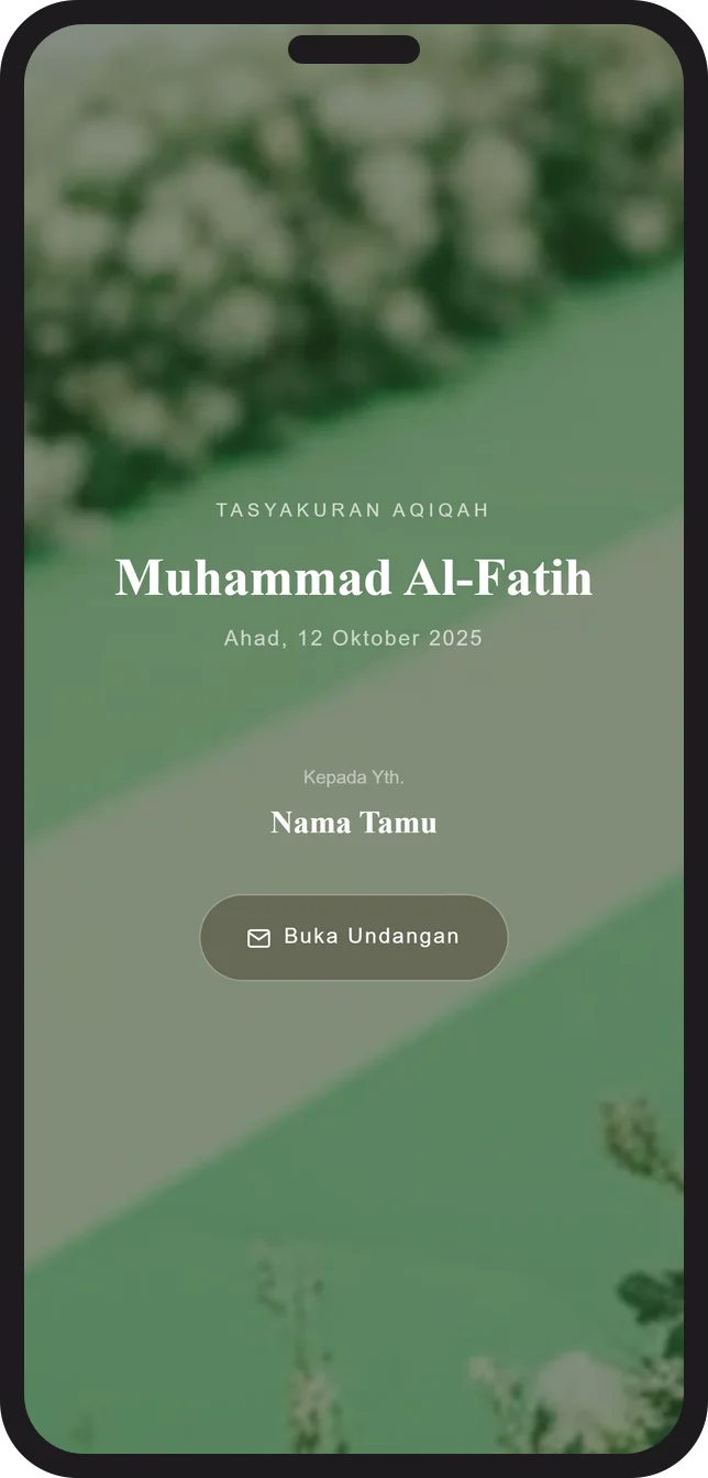 Contoh tampilan halaman sampul dengan nama tamu pada undangan aqiqah digital Sannubari, template Syari Sage diisi data contoh