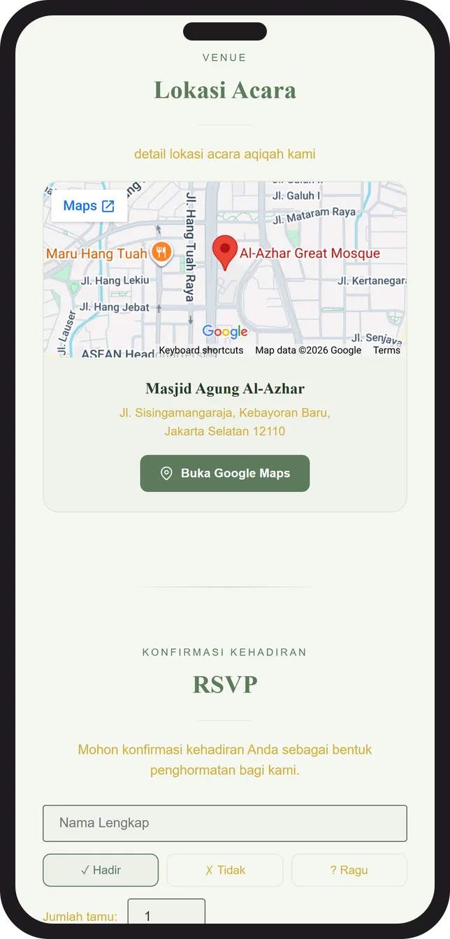 Contoh tampilan lokasi dengan Google Maps pada undangan aqiqah digital Sannubari, template Syari Sage diisi data contoh
