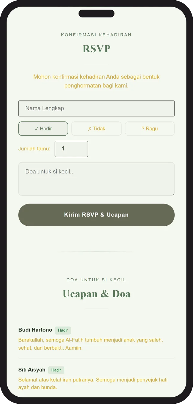 Contoh tampilan formulir RSVP konfirmasi kehadiran pada undangan aqiqah digital Sannubari, template Syari Sage diisi data contoh