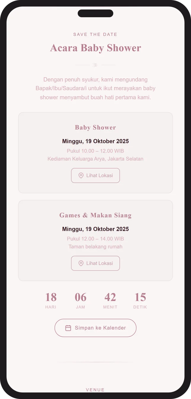 Contoh tampilan detail acara dan hitung mundur pada undangan baby shower digital Sannubari, template Pearl Blush diisi data contoh