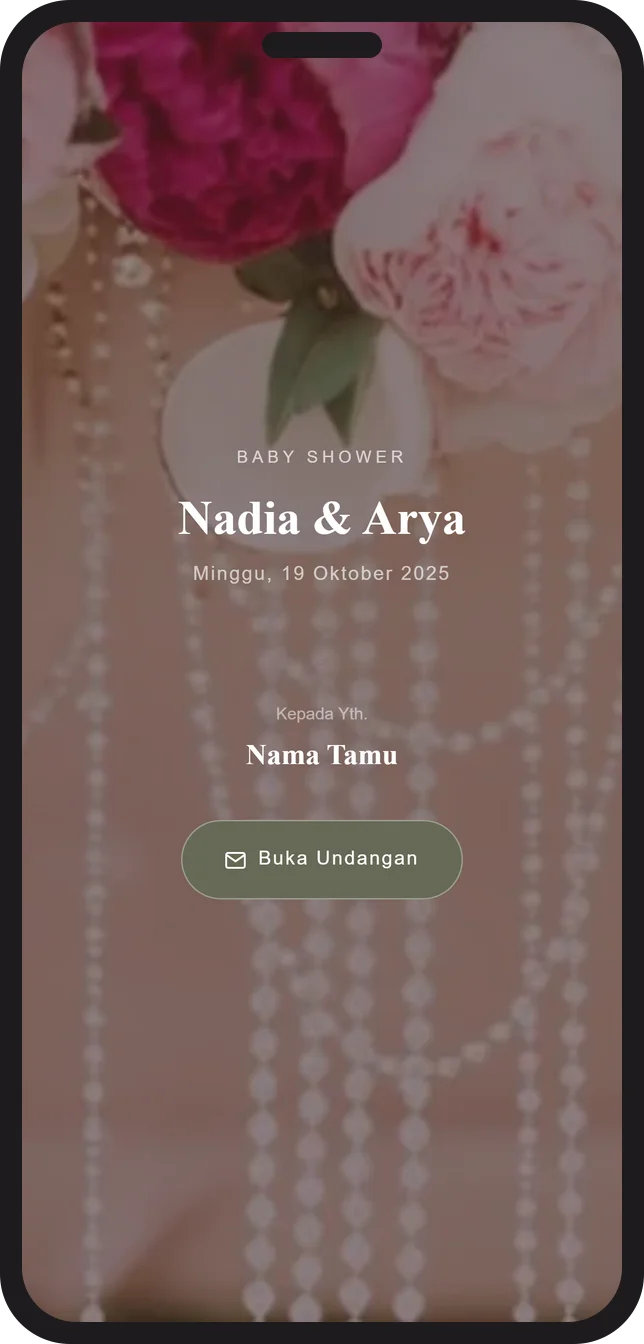 Contoh tampilan halaman sampul dengan nama tamu pada undangan baby shower digital Sannubari, template Pearl Blush diisi data contoh
