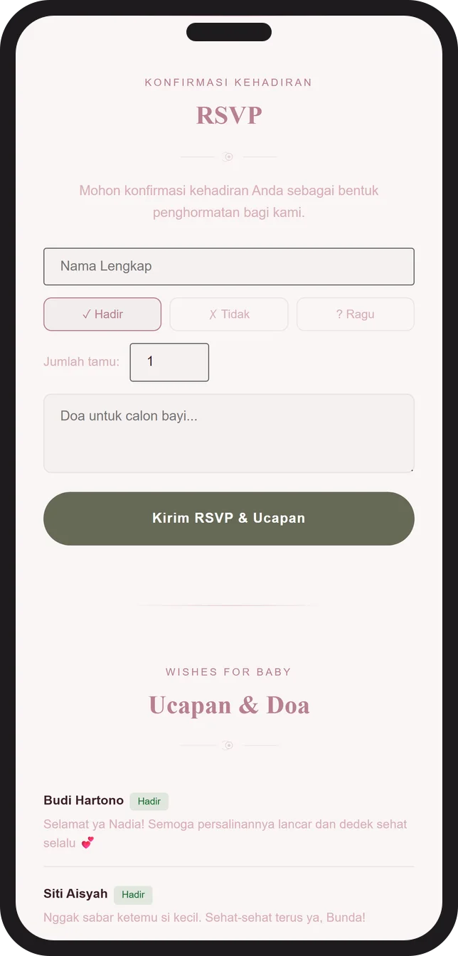 Contoh tampilan formulir RSVP konfirmasi kehadiran pada undangan baby shower digital Sannubari, template Pearl Blush diisi data contoh