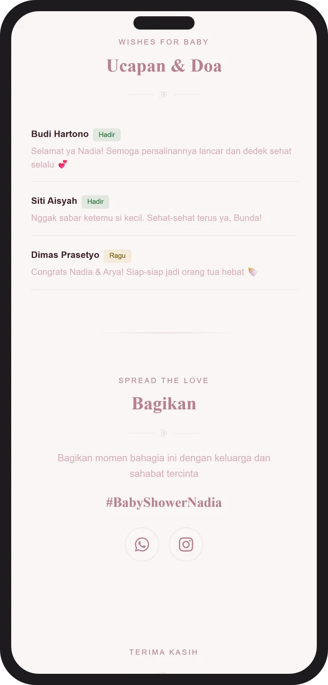 Contoh tampilan ucapan dan doa tamu pada undangan baby shower digital Sannubari, template Pearl Blush diisi data contoh