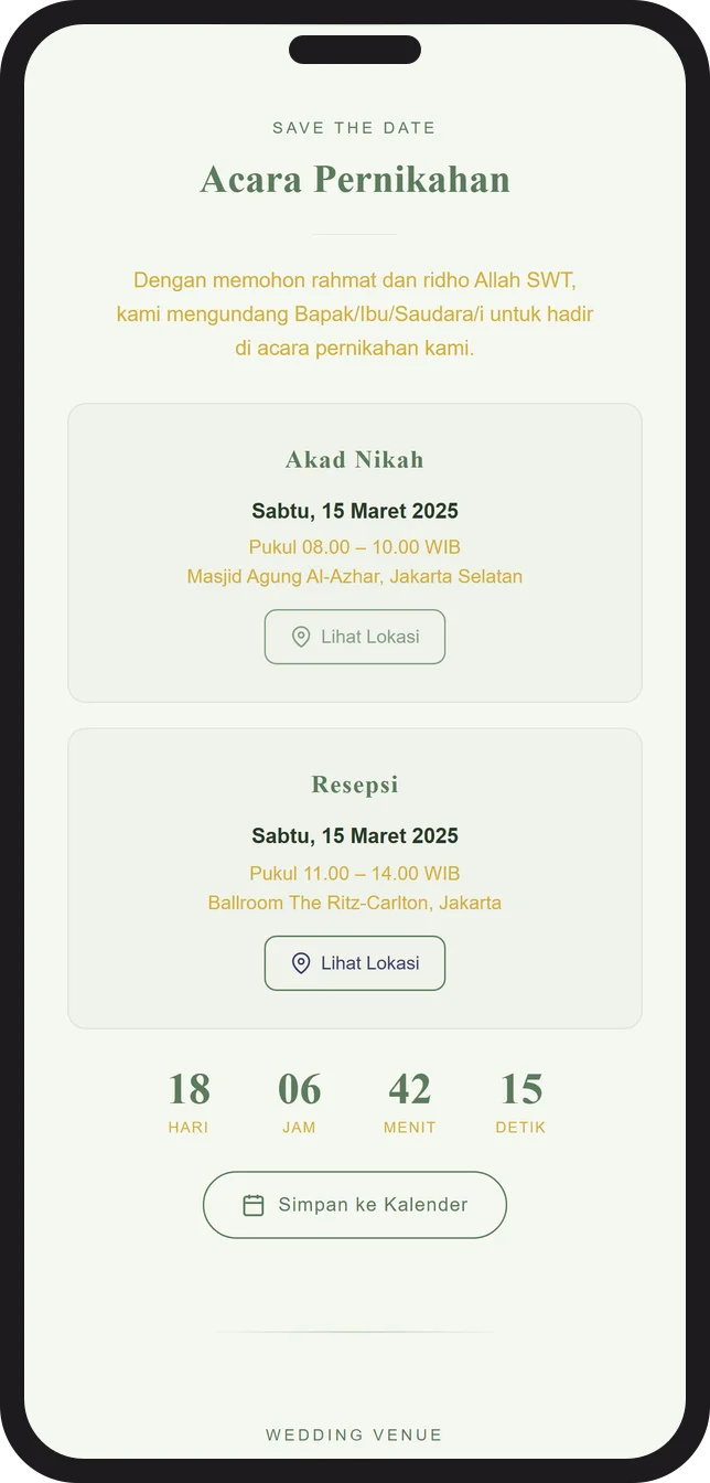 Tampilan detail acara dan hitung mundur di undangan pernikahan digital Sannubari, tema Syari Sage