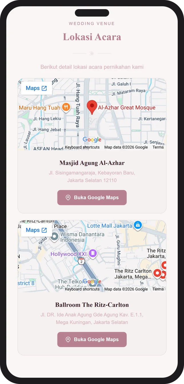 Tampilan lokasi dengan Google Maps di undangan pernikahan digital Sannubari, tema Pearl Blush