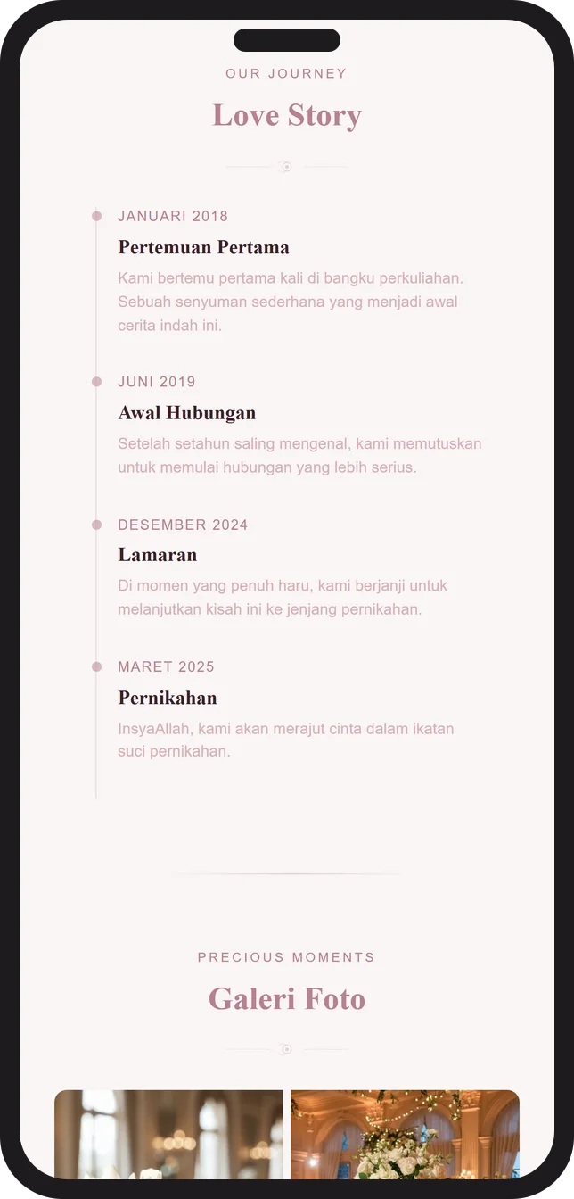 Tampilan love story di undangan pernikahan digital Sannubari, tema Pearl Blush