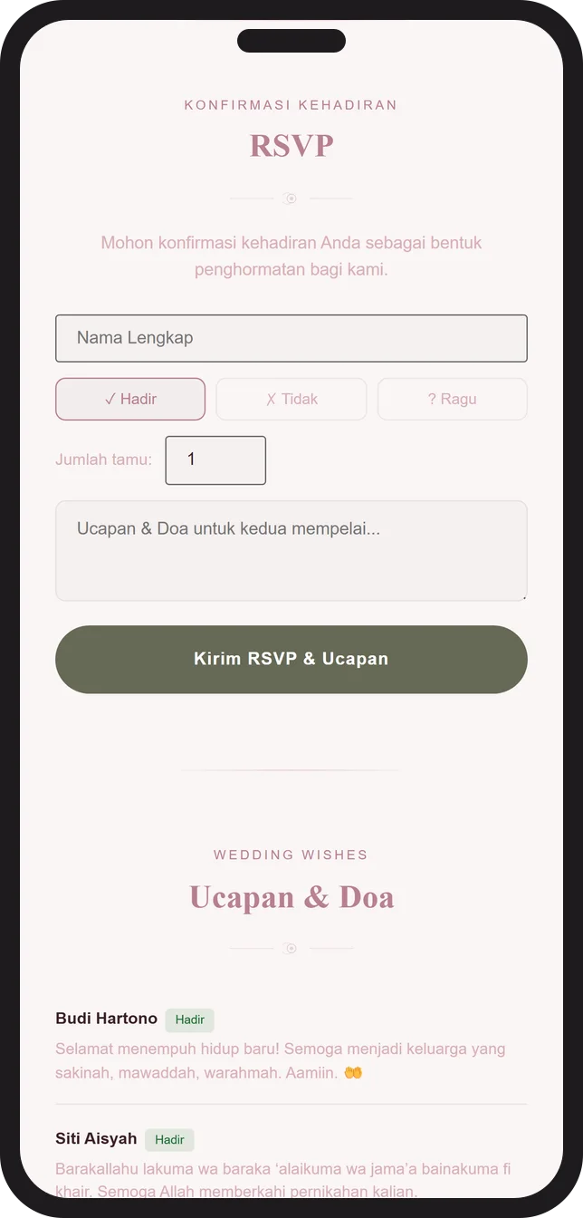 Tampilan formulir RSVP konfirmasi kehadiran di undangan pernikahan digital Sannubari, tema Pearl Blush
